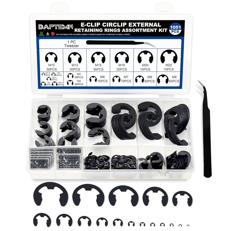 Daptemn E Clip Circlip External Retaining Rings Assortment Kit, 1050PCS E Clips External Carbon Steel Rings and 1 PC Tweezers, Includes Sizes of M1.5-M22 - Image 1